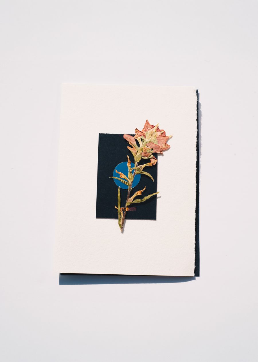 Kaart met een gedroogde bloem op een donker vlak, minimaal vormgegeven.